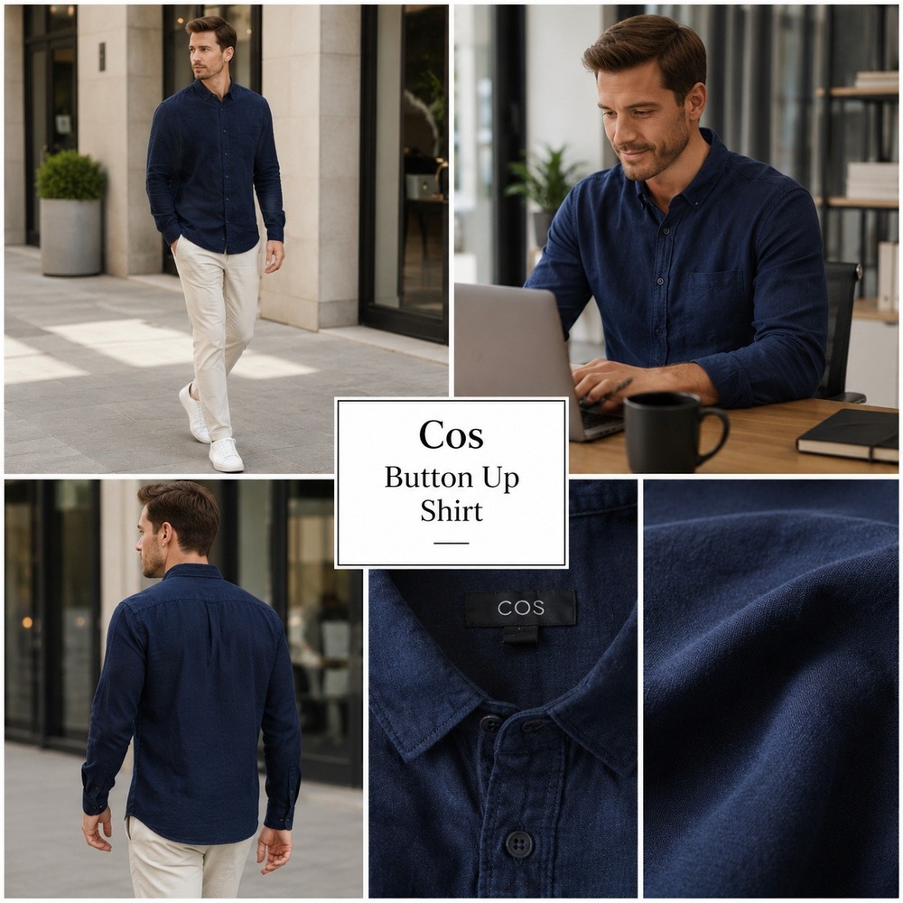 COS‎ Mens Navy Blue 100% Cotton Long Sleeve Button Down Shirt Size Large